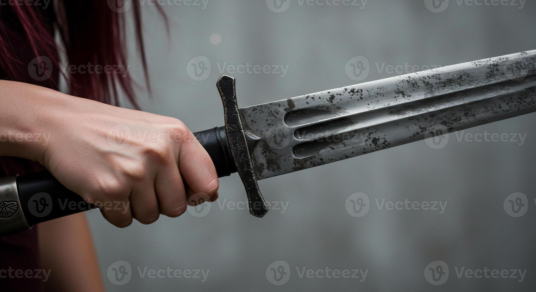 Female hand is holding sword or dagger photo