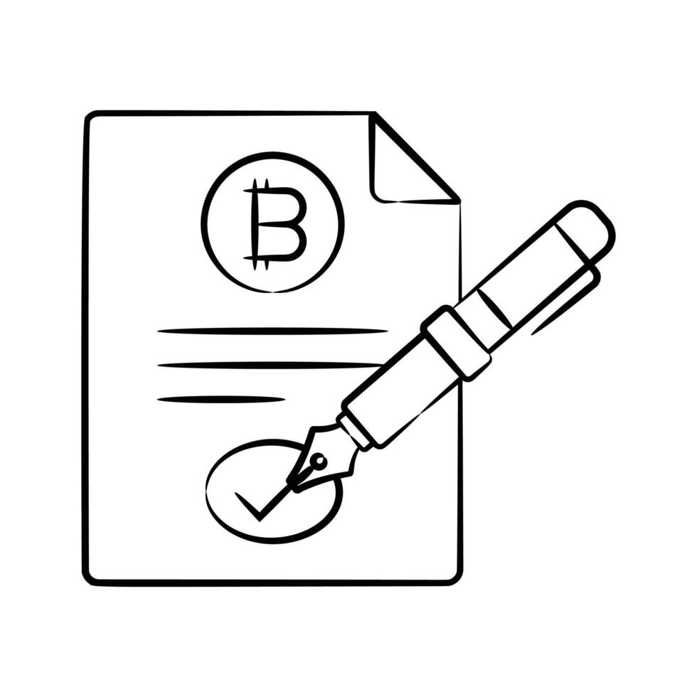 Here is a hand drawn style icon of bitcoin contract paper with pen vector