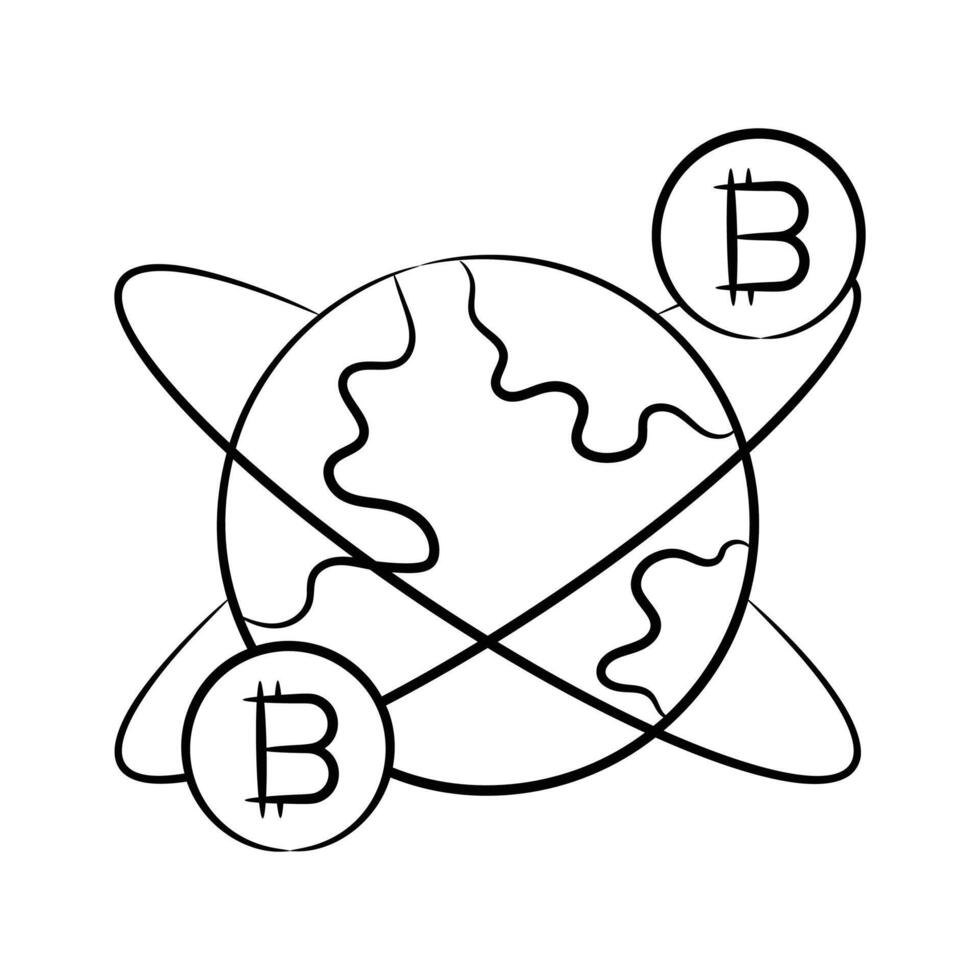 An editable hand drawn style icon showing global bitcoin vector