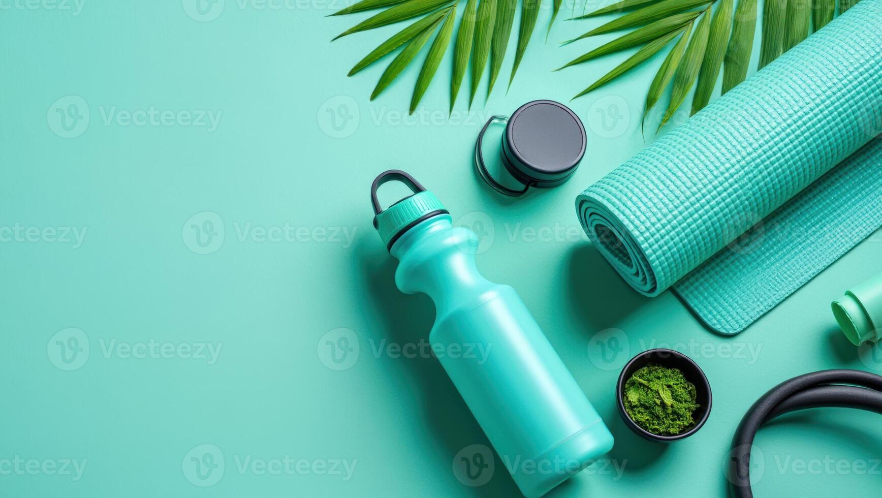 Flat lay of fitness and wellness gear on a grey background. A mint yoga mat, matching water bottle, and black bowl with mint-colored contents are arranged right-side, with palm fronds on top. photo