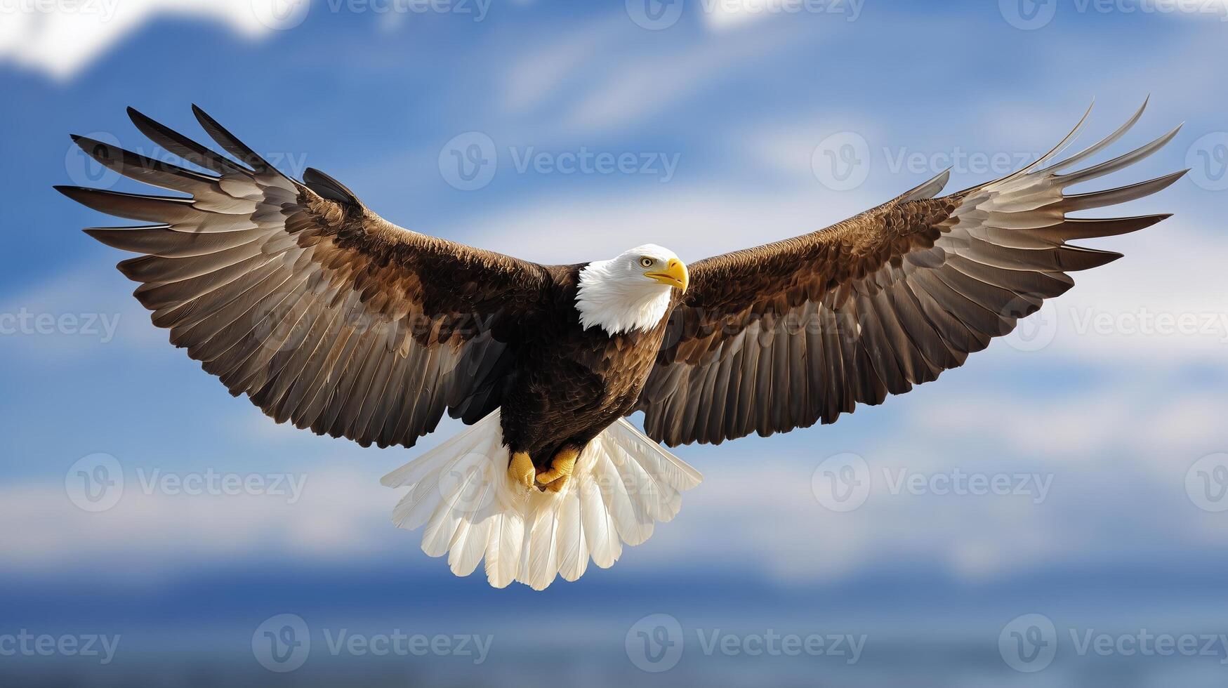 An American bald eagle soars majestically through a bright blue sky, wings fully extended photo