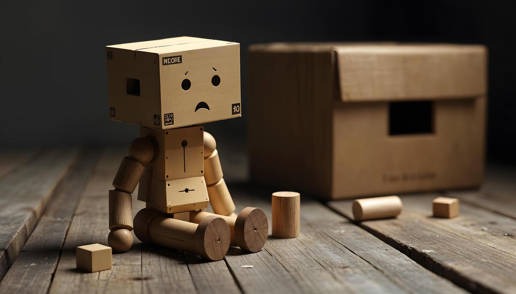 A melancholic scene features a wooden toy figure with a box-shaped head. photo
