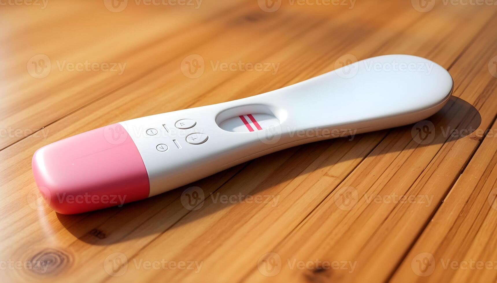 A close-up shot of a positive pregnancy test on a wooden surface. photo