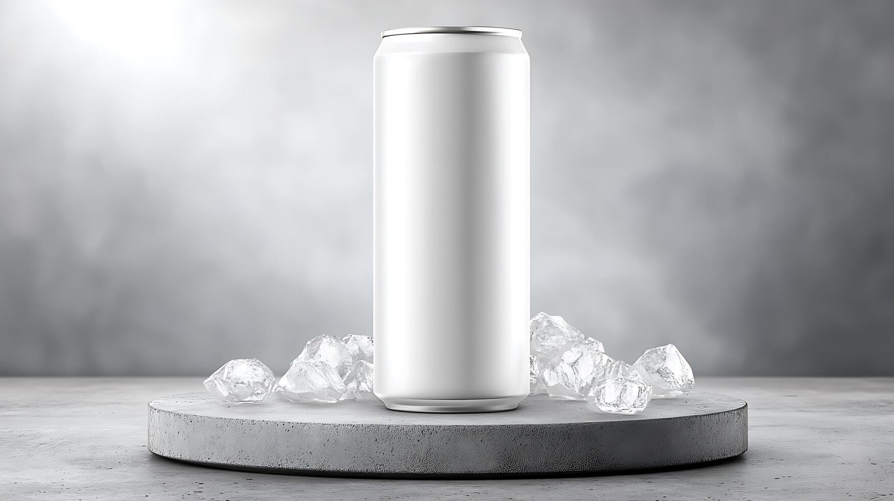 blank white beverage can with ice on concrete platform photo