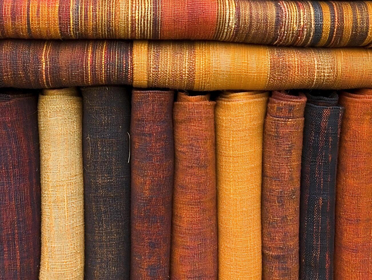 Colorful stack of woven fabric rolls in warm tones photo