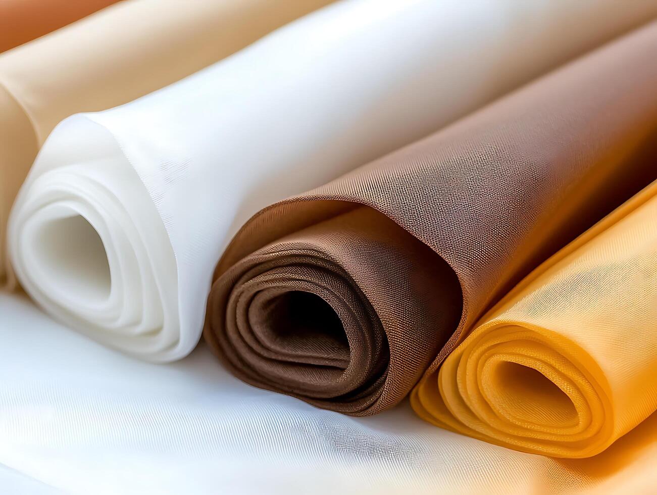 Close up of rolled fabric in white brown and yellow colors photo