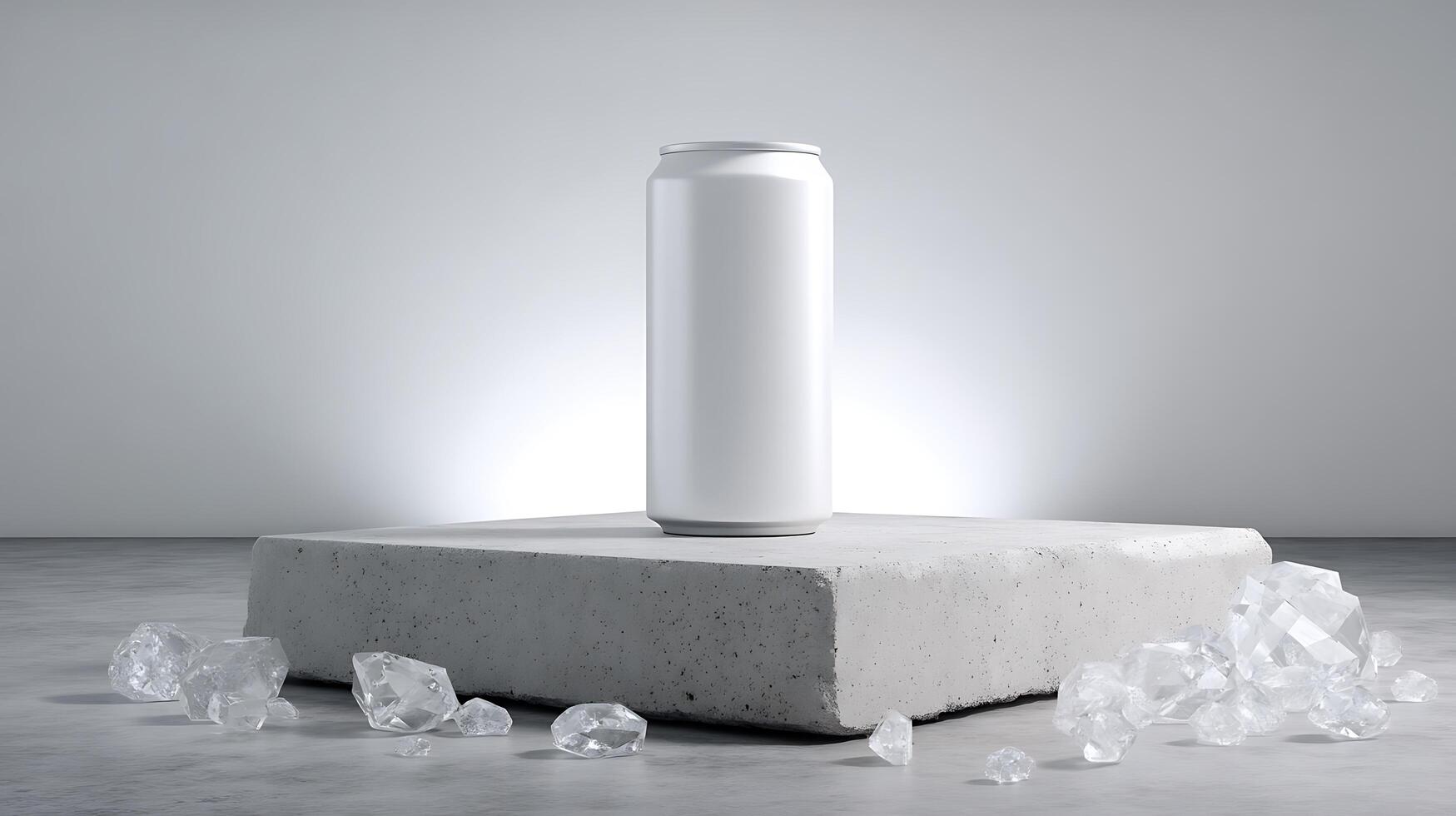 Minimalist white beverage can on concrete block with ice cubes photo