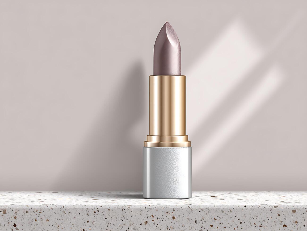 Elegant nude lipstick tube standing on marble surface with soft shadows photo