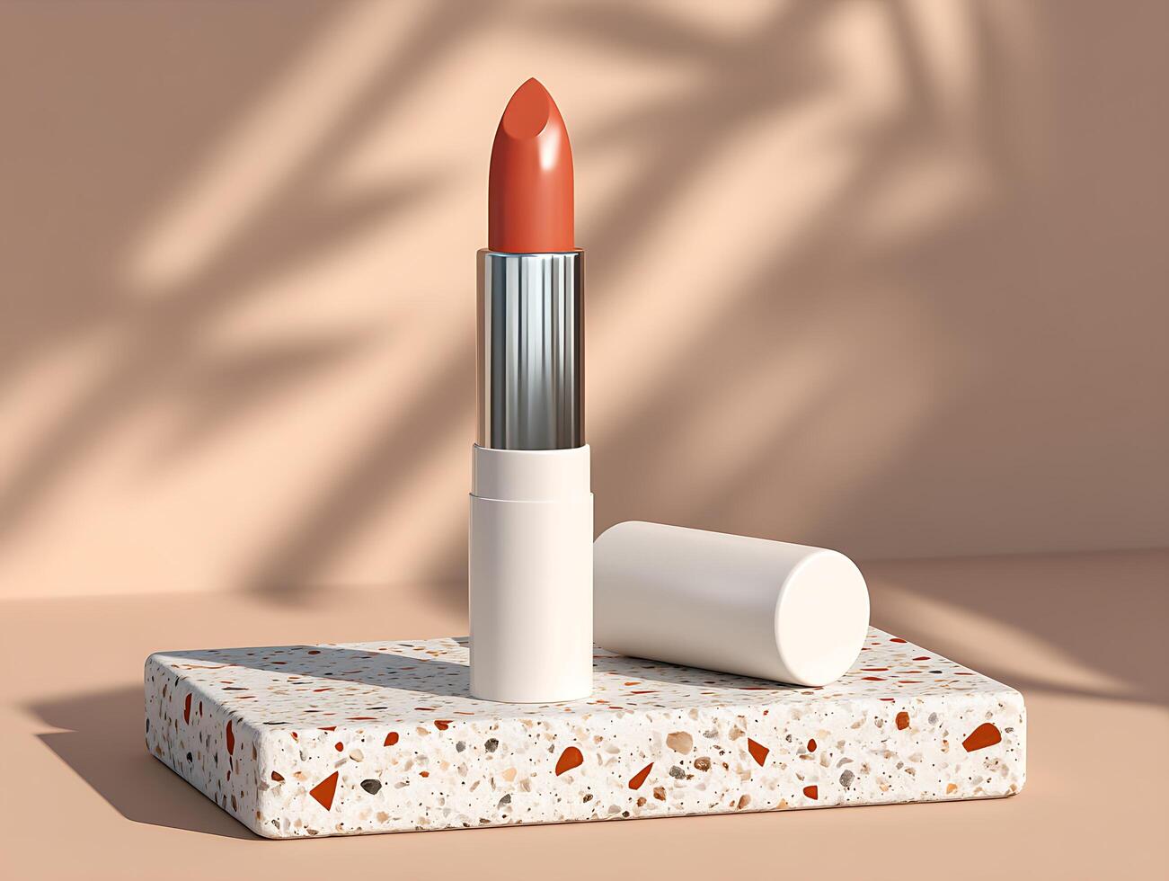 Minimalist lipstick on terrazzo platform under soft natural light photo