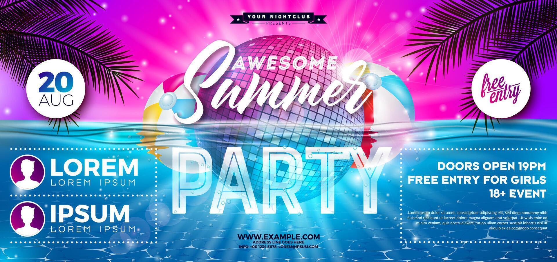 Summer party flyer with disco ball vector