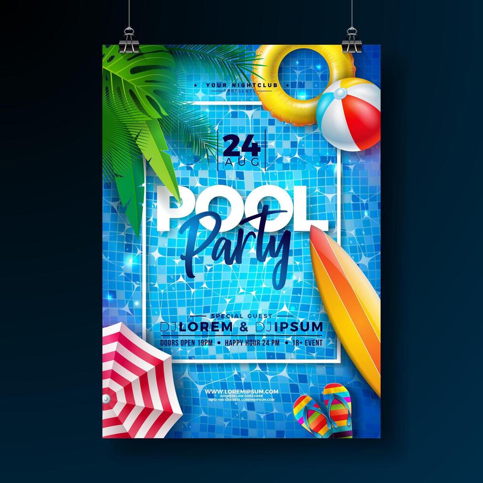 Summer Pool Party Flyer Design Template with Beach Ball and Text Label on Blue Tiled Pool Background. Summer Music and Dance Celebration Holiday Illustration with Tropical Palm Leaves, Water vector