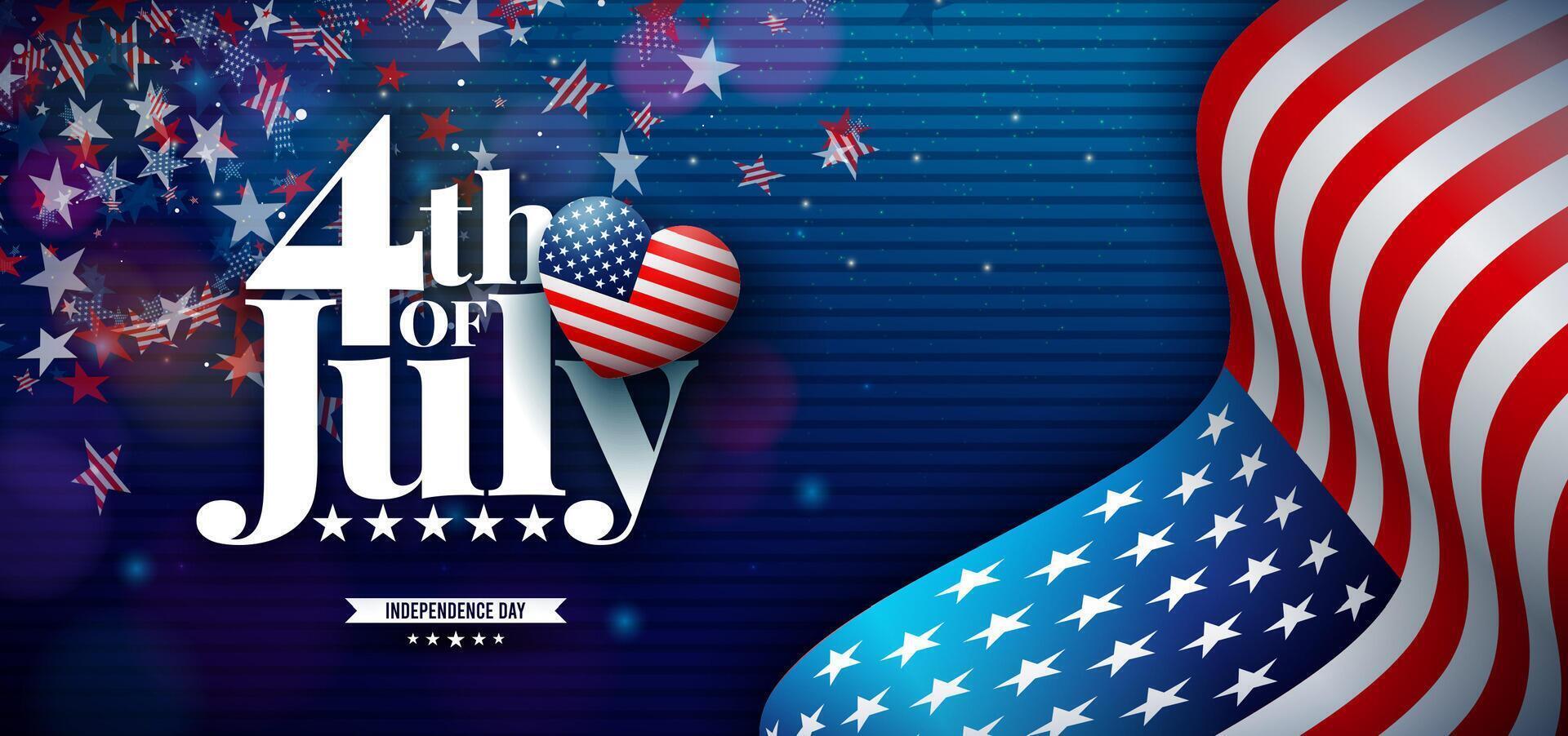 Fourth of July Independence Day Banner Illustration with American Flag Pattern Heart and Stars on Blue Background. 4th of July National Celebration Design with Typography Letter for Flyer vector
