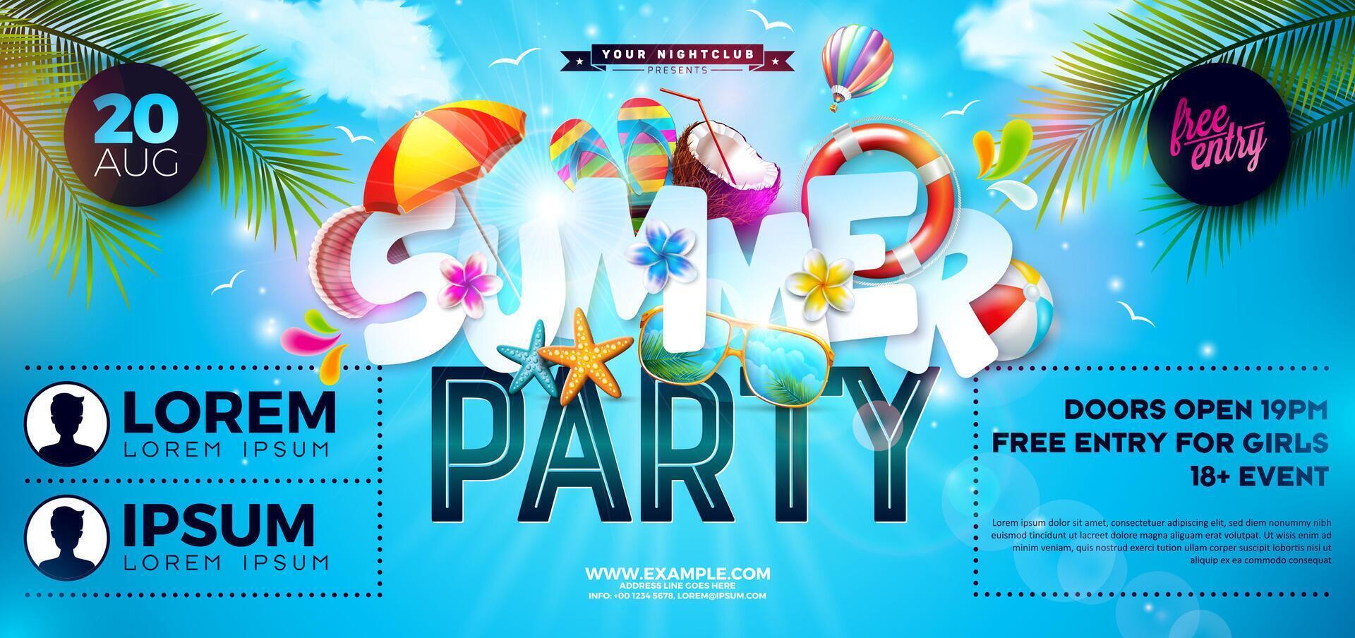 Summer Beach Party Banner Design with Flower, Beach Ball and Text Label on Tropical Palm Leaves Background. Summer Holiday Illustration with Exotic Palm Leaves and Typography Lettering for vector