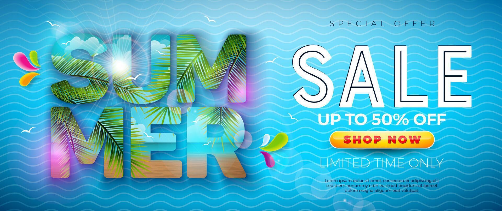 Summer Sale Business Promotional Design with Flower and Tropical Palm Leaves in Typography Lettering on Blue Waves Background. Exotic Floral Illustration with Special Offer Typography for vector