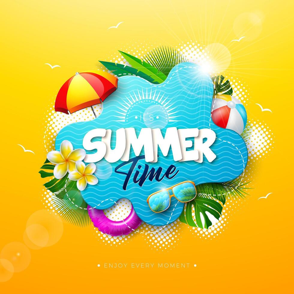 Summer Time Holiday Banner Design with Flower, 3d Text Label and Colorful Beach Elements on Sun Yellow Background. Tropical Typography Lettering Illustration with Beach Ball, Sunglasses and vector