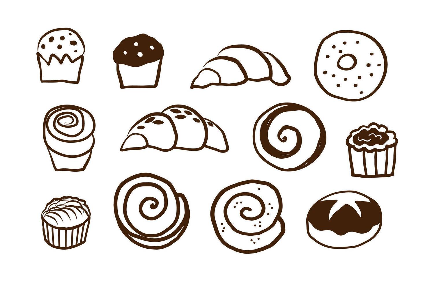 Set with pastries outline sketch on isolated background. Doodle with croissants, muffin, custard, cookies, French bakery, Design for cafe, menu, card, brochure. Hand drawn food illustration vector
