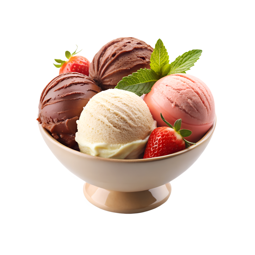 Cold Triple Scoop Ice Cream Bowl Vanilla Chocolate Isolated On Transparent Background png