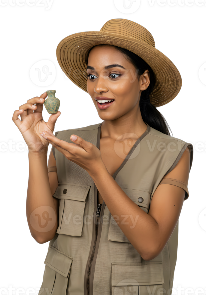 A woman in a hat holding a small object png
