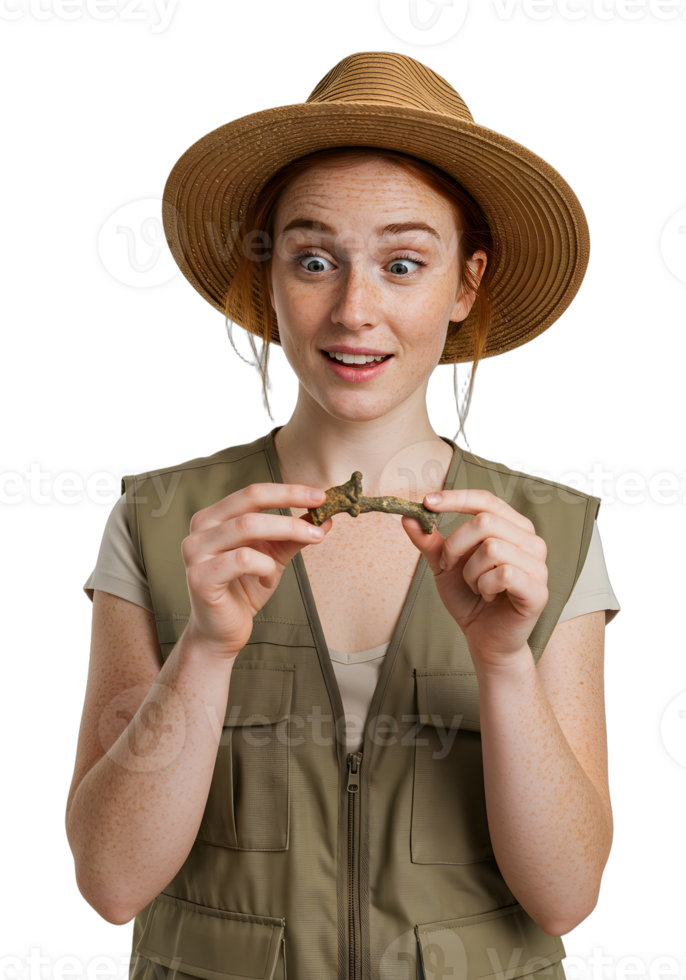 A woman in a hat and green vest holding a stick png