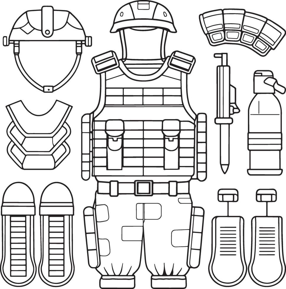 Body armor uniform in military outline style for protective gear visuals vector