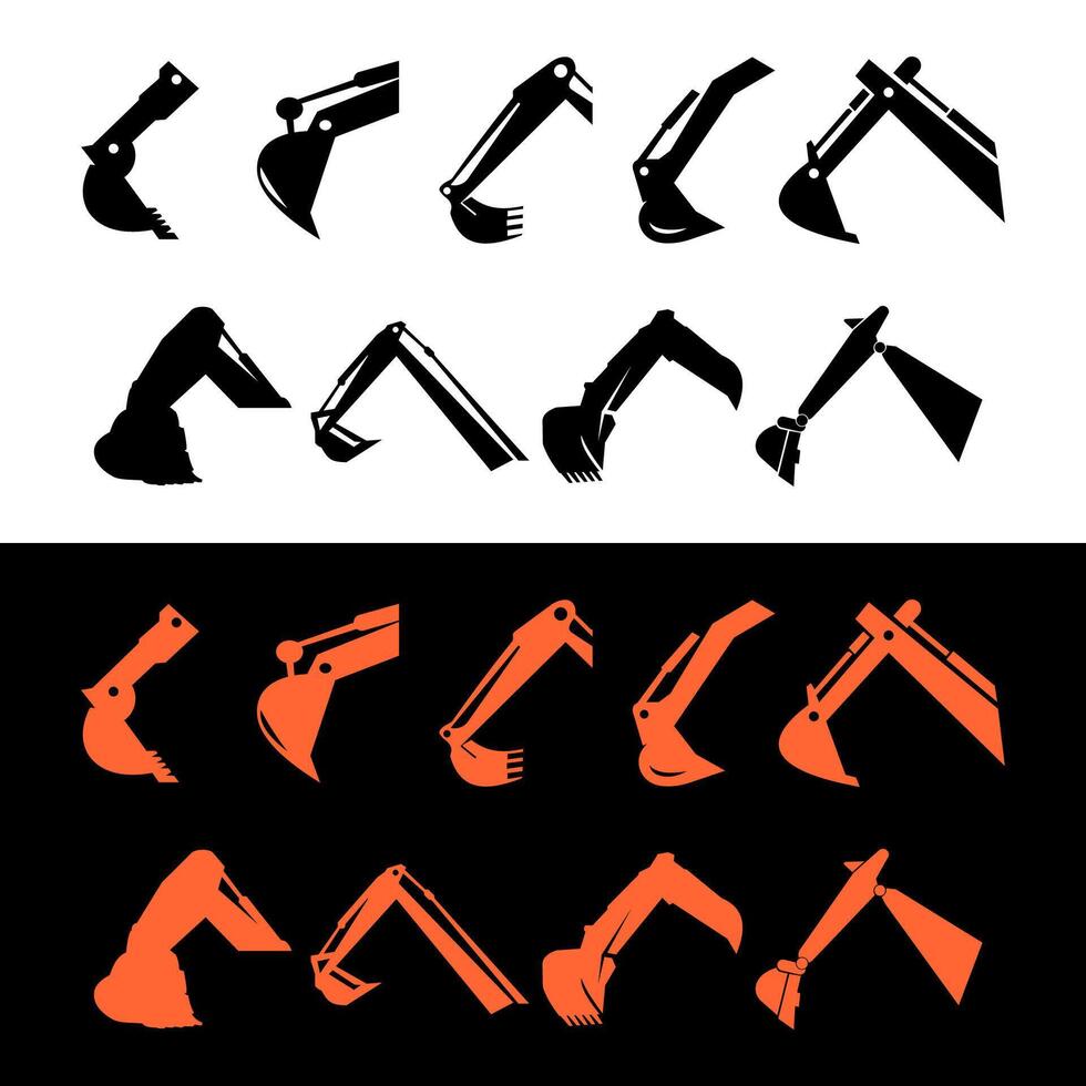 Excavator arm bucket icon logo silhouette black set graphic isolated vector