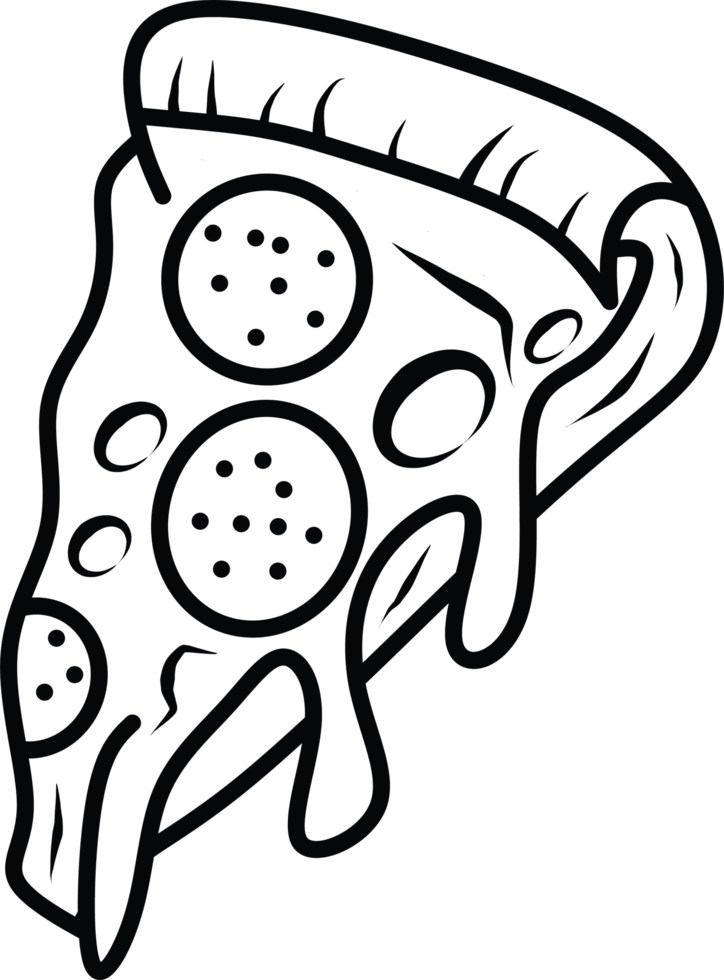 Black and White Line Art of Melting Pizza Slice with Toppings png
