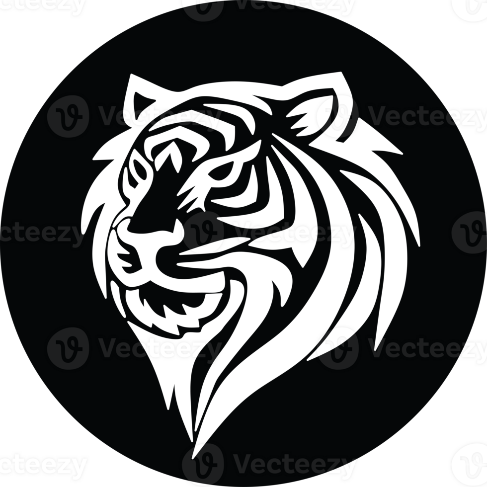Tiger head logo in black circle background, featuring bold tribal line art, used in mascot design, tattoos, branding, and wildlife concepts png