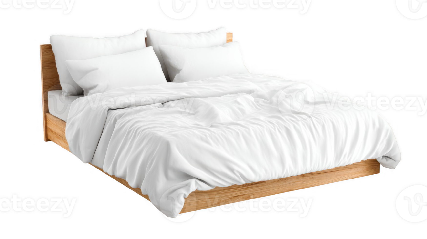 Empty bed with white linens and wooden frame on transparent background png