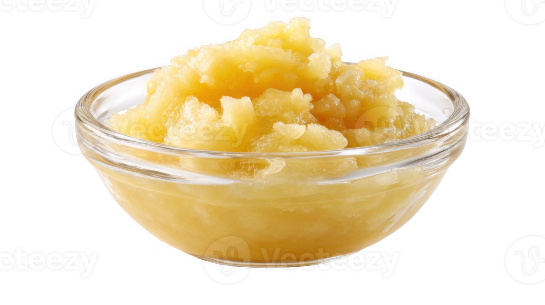 Glass bowl overflowing with delicious golden applesauce on transparent background png