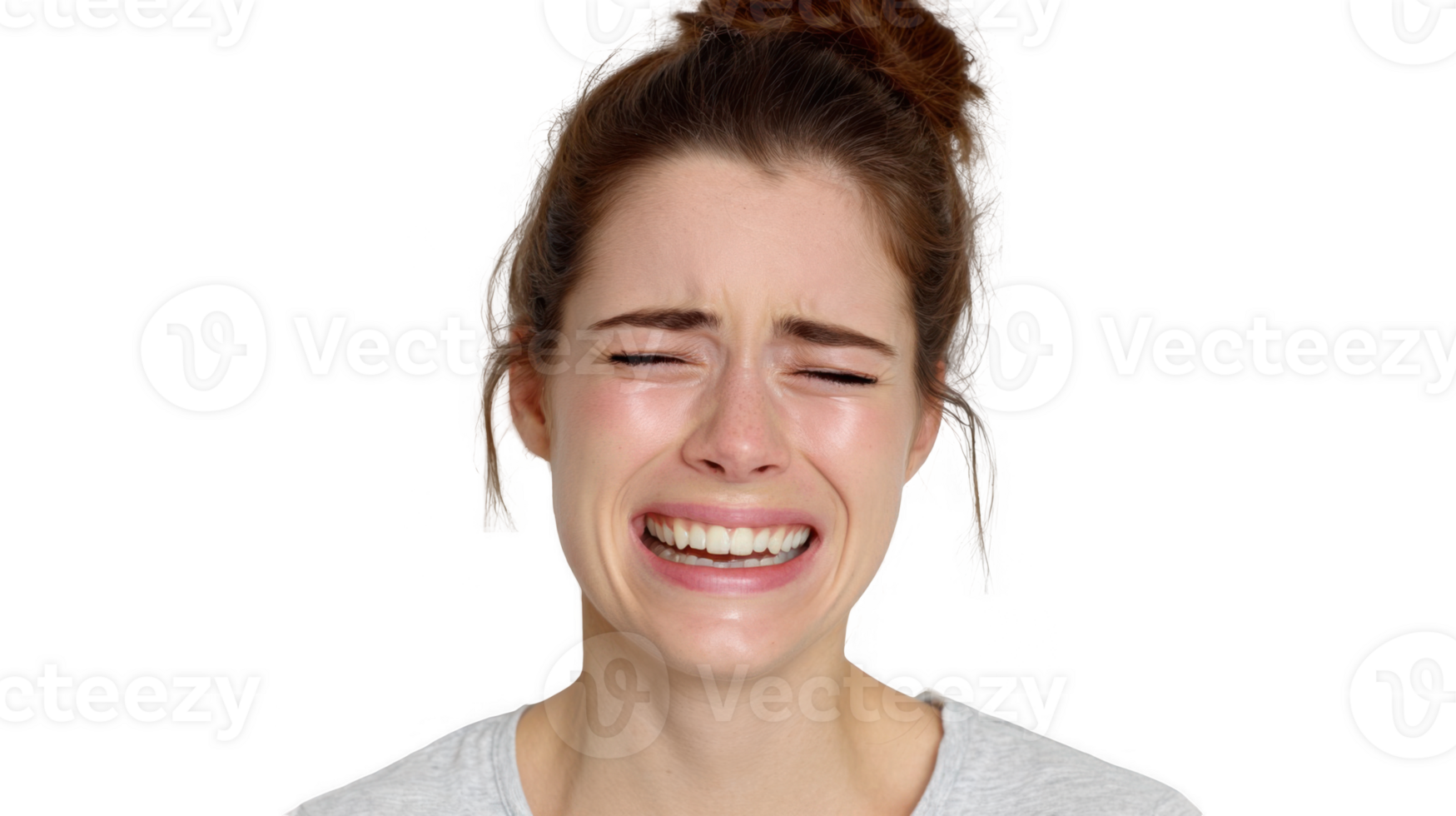 Young woman crying in relief with transparent background png