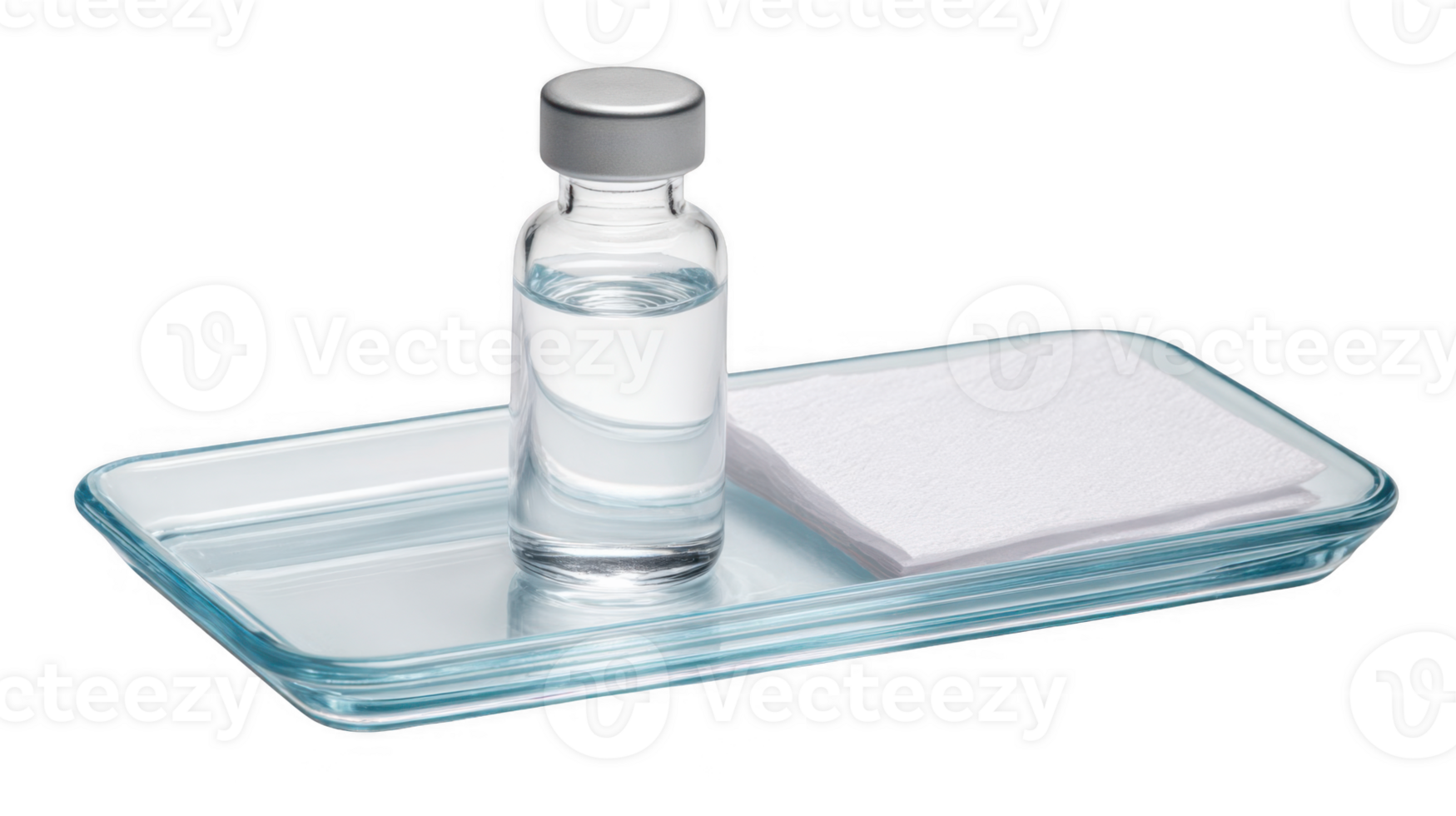 Medical vial with clear liquid on glass tray with gauze on transparent background png