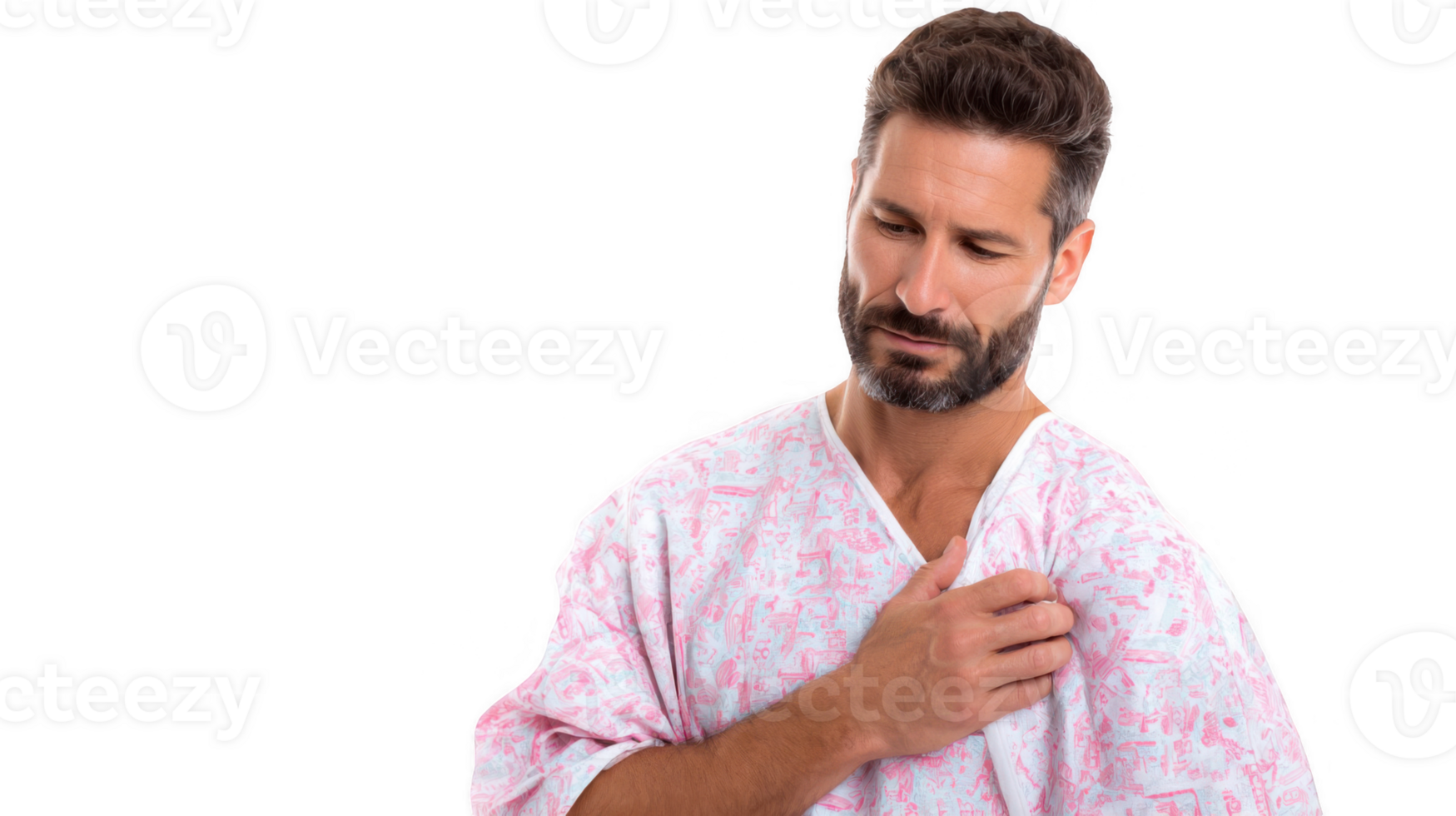 Patient feeling chest pain in hospital gown on transparent background png