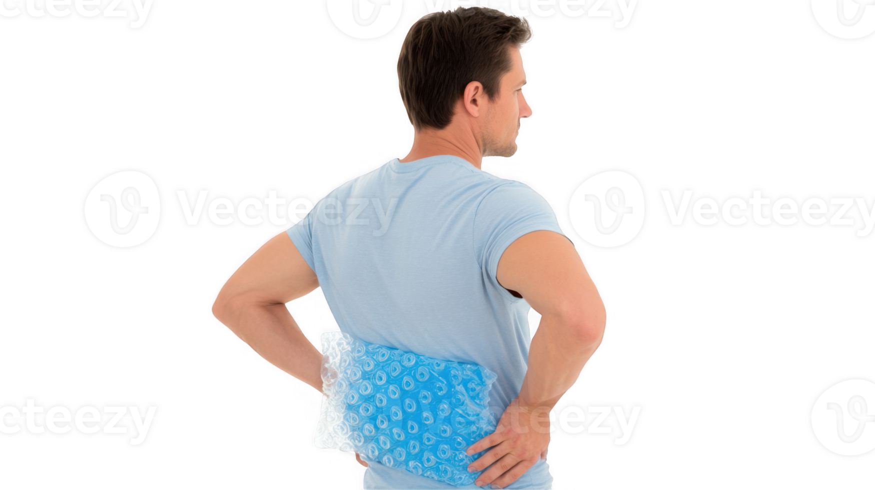 Man relieving back pain with ice pack on transparent background png