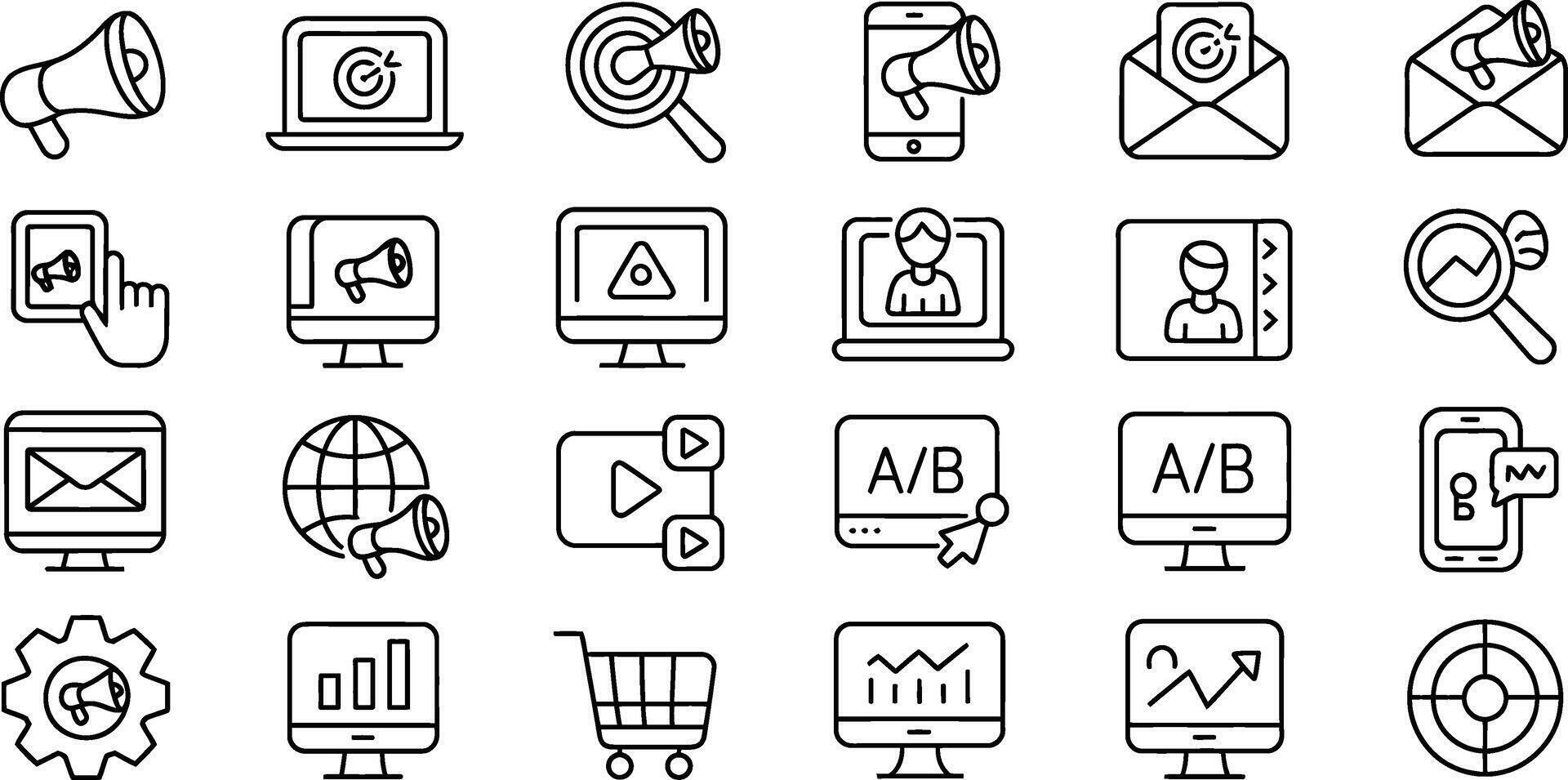 Digital marketing icons isolated on a white background in black outline vector