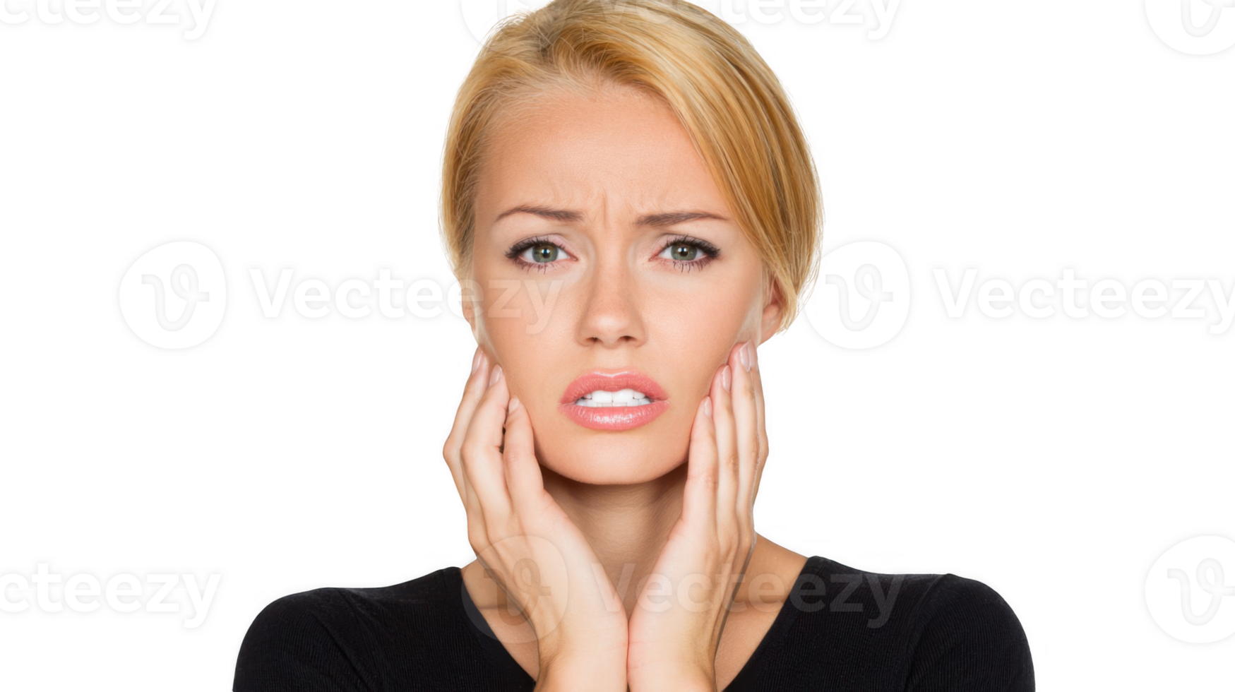 Stressed businesswoman touching face with transparent background png