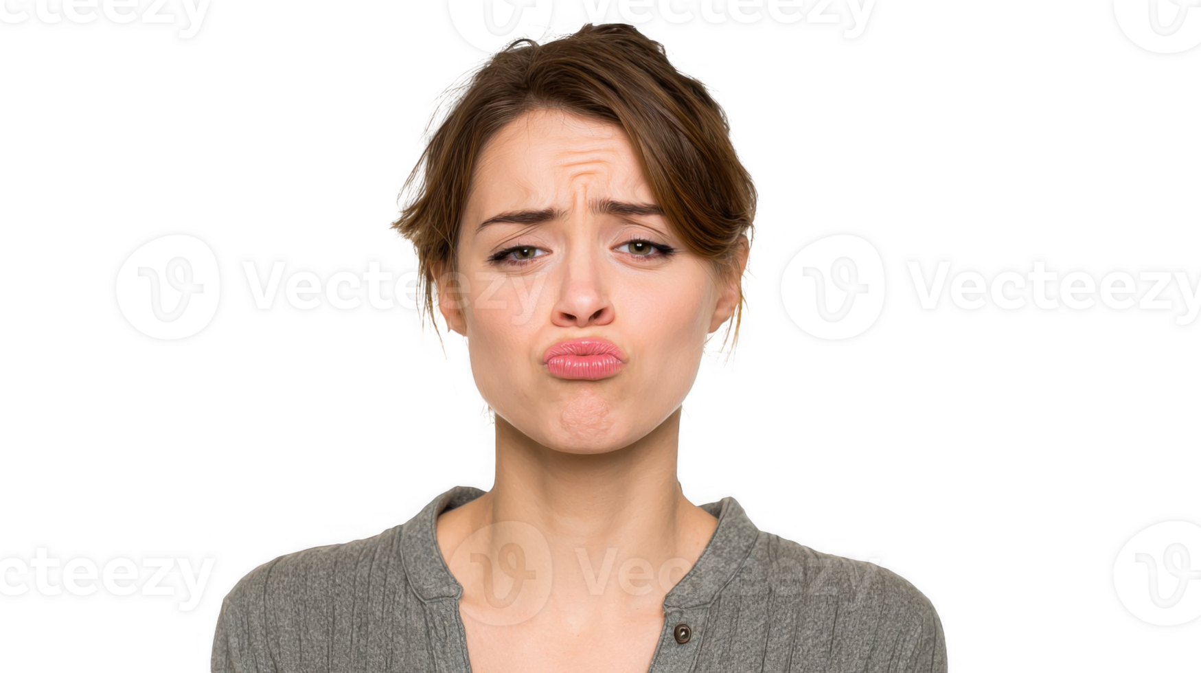 Young woman showing sadness with pouty lips on transparent background png