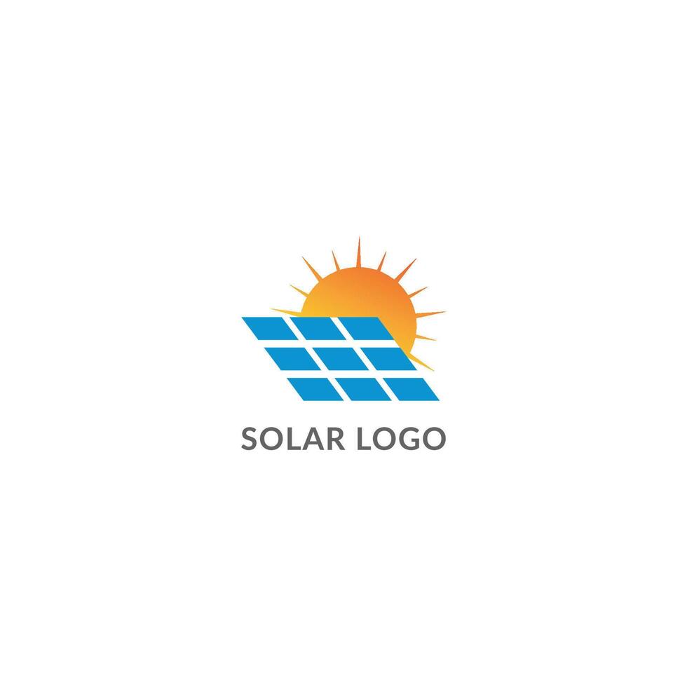 Solar energy logo with blue panels and sun for renewable energy power or green technology concept vector