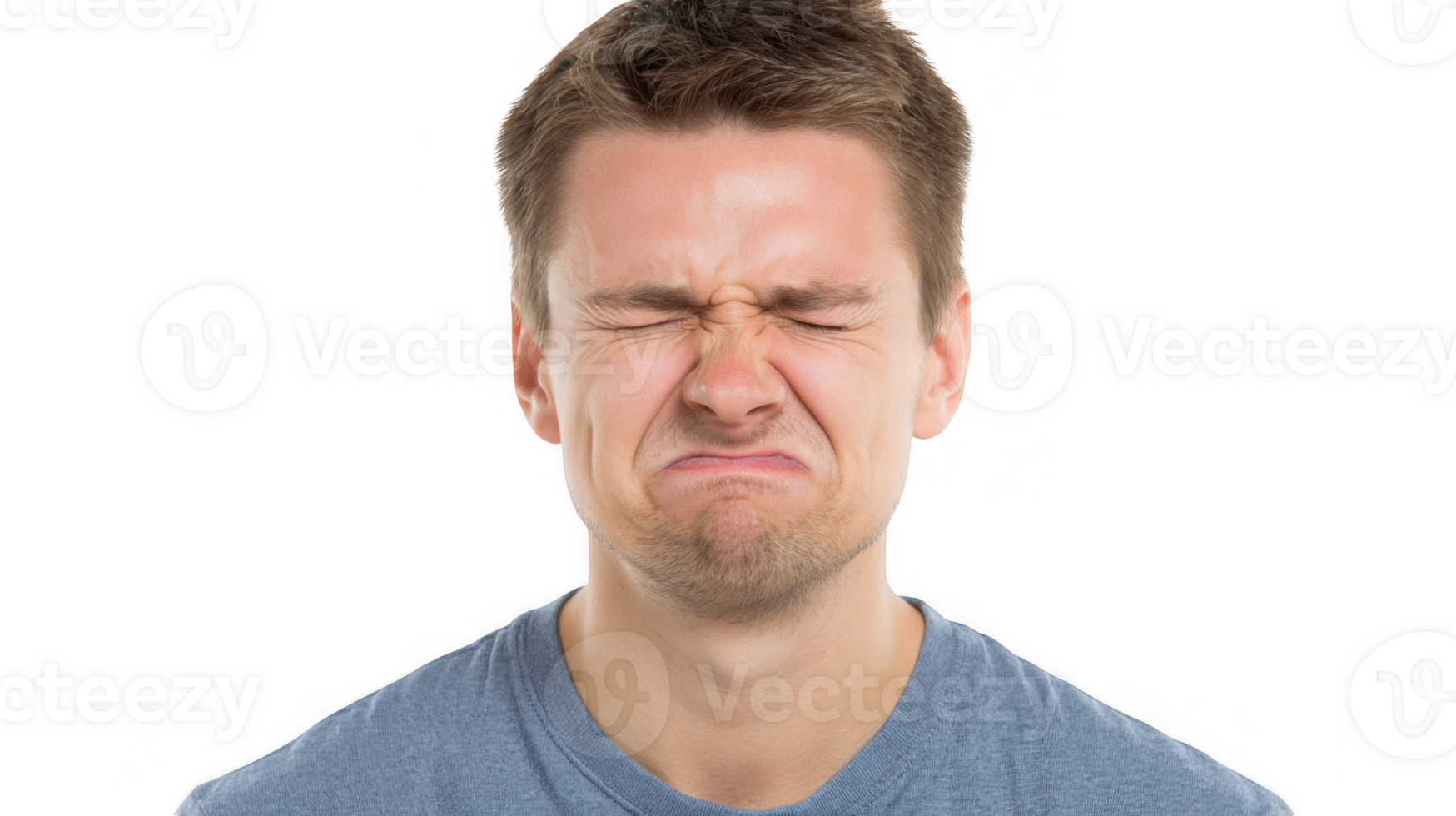 Man grimacing and squeezing his eyes shut on transparent background png