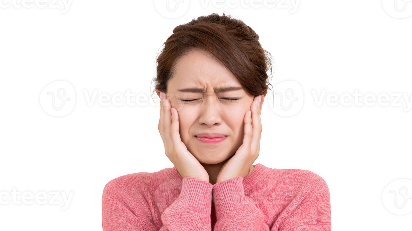 Young woman suffering from a headache and feeling sick with transparent background png