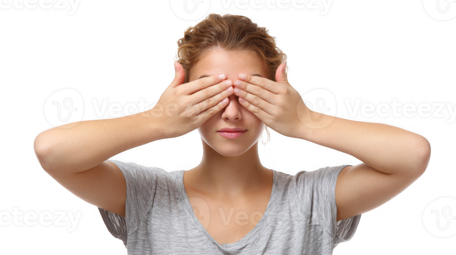 Young woman covering her eyes with hands on transparent background png