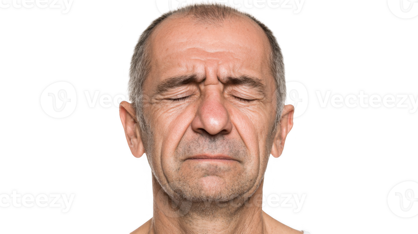 Mature man closing eyes and making a face on transparent background png