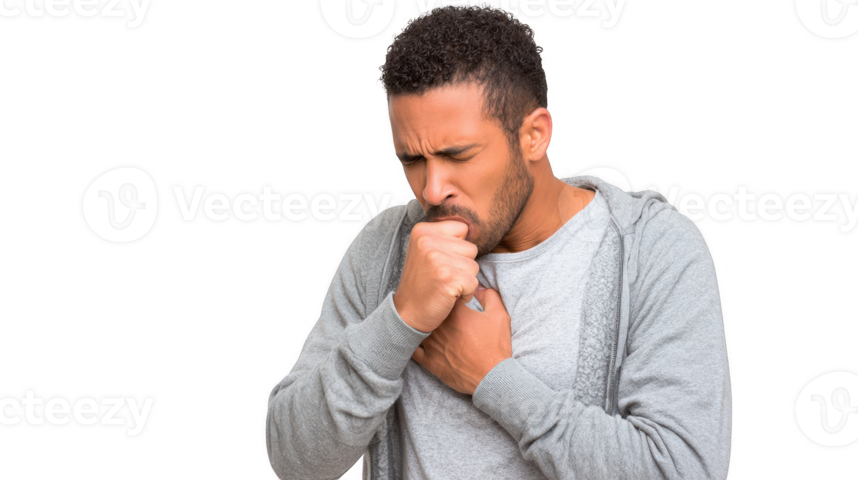 Young man coughing and experiencing chest pain on transparent background png