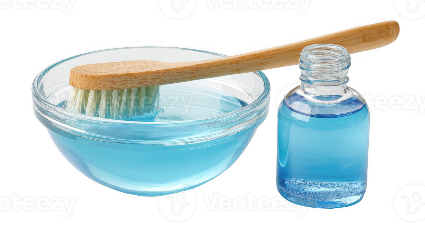 Disinfecting brush soaking in blue cleaning solution with transparent background png