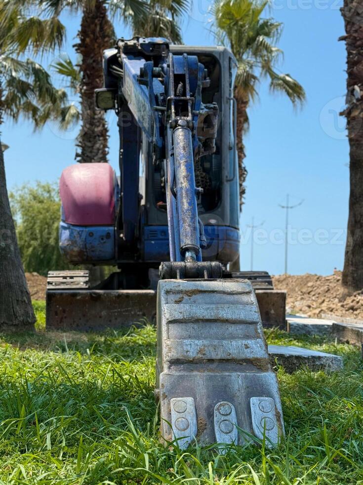 Excavator Bucket Resting on Grass with Palm Trees in Background photo