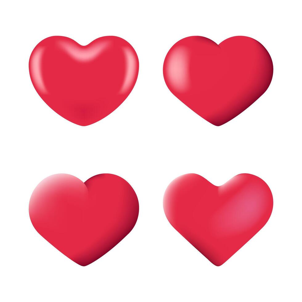 A set of 3D glossy red heart illustrations with smooth gradients and realistic lighting effects. Perfect for romantic messages and greeting cards. Isolated on a white background for easy use. vector