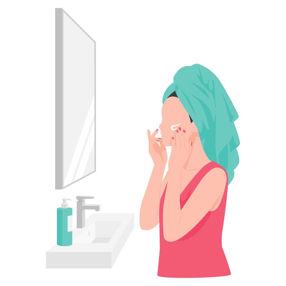 Woman Applying Skincare Cream in the Bathroom vector