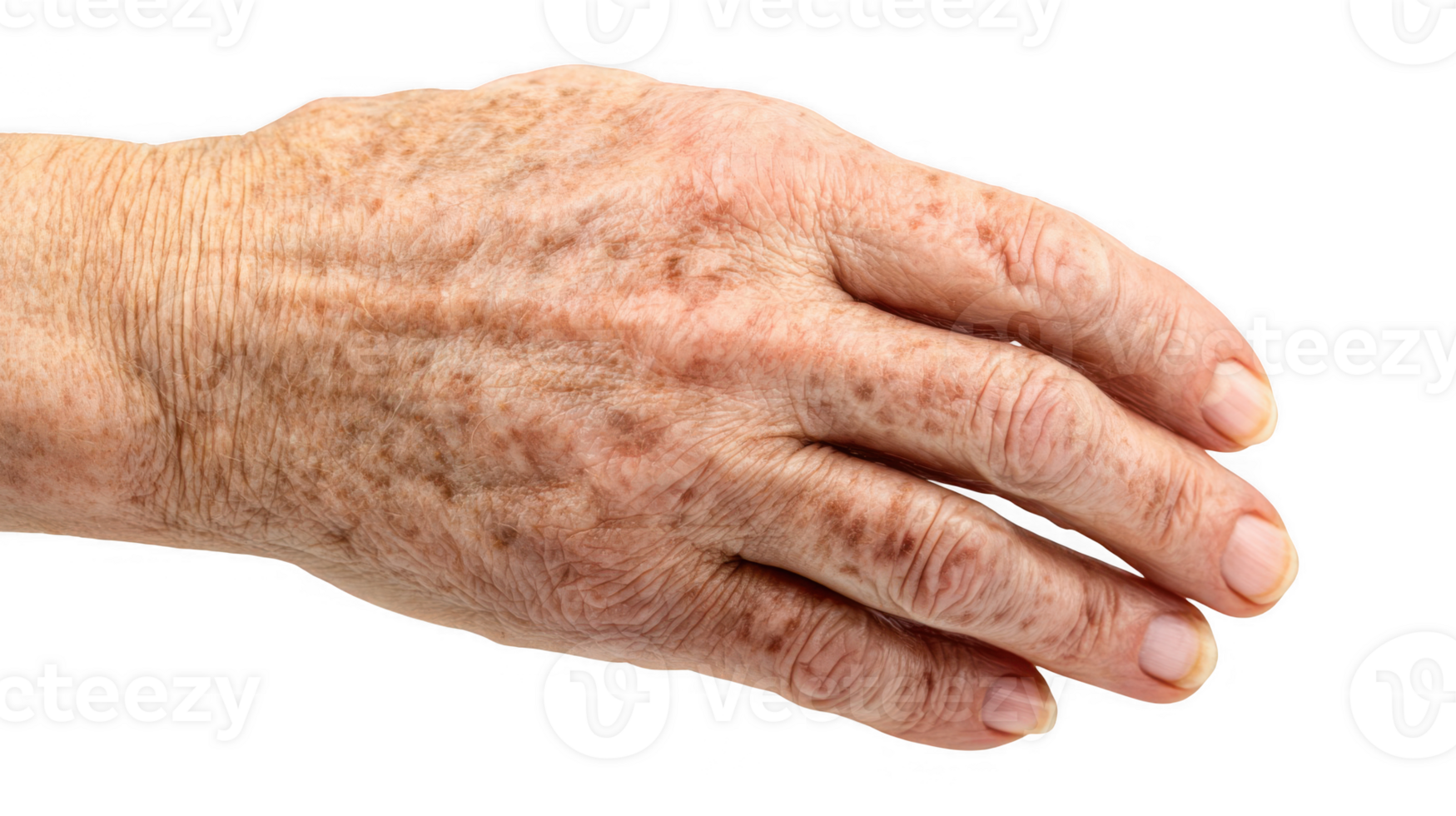 Senior woman hand showing wrinkles and age spots on transparent background png