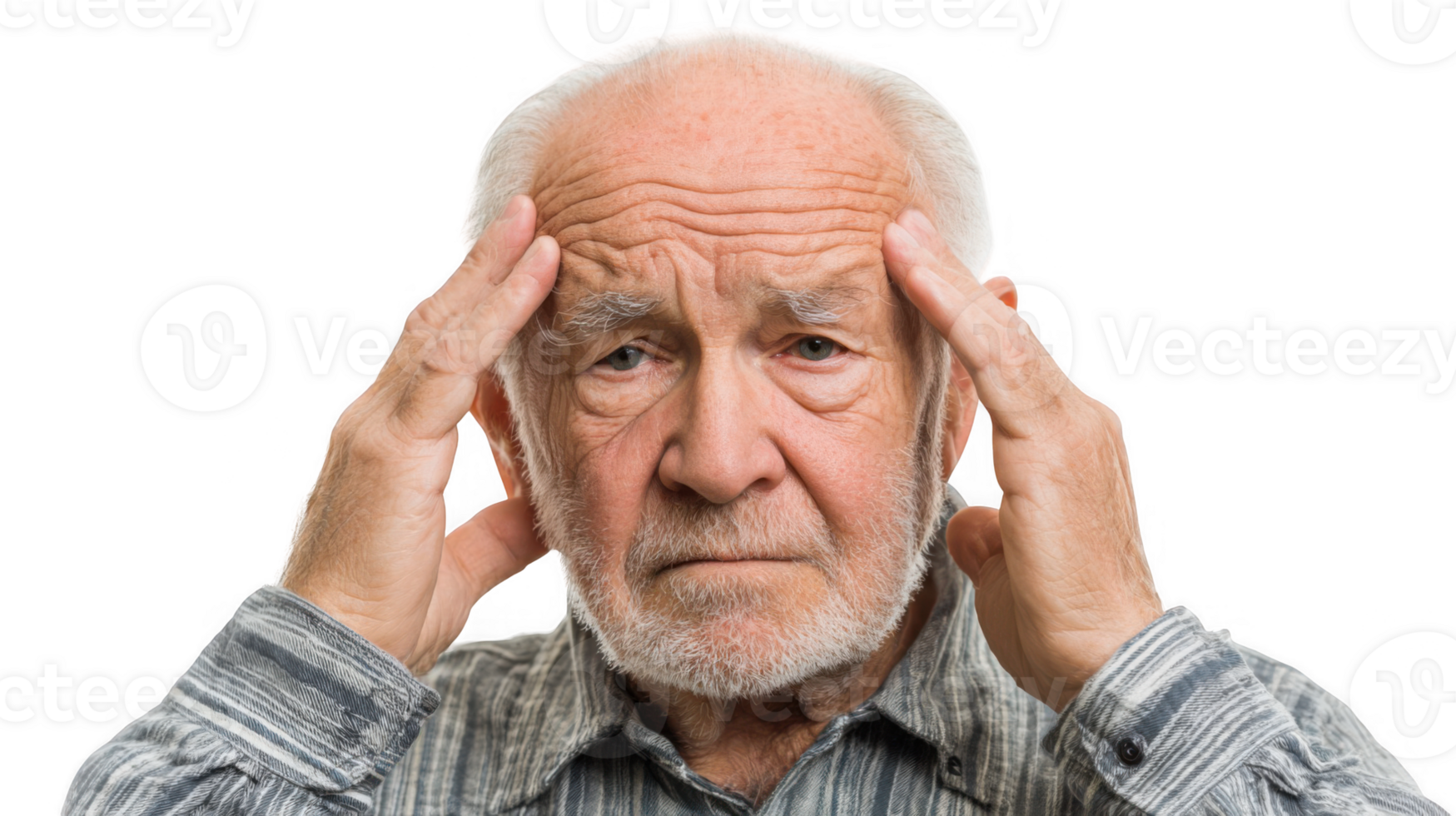 Senior man suffering from memory loss on transparent background png