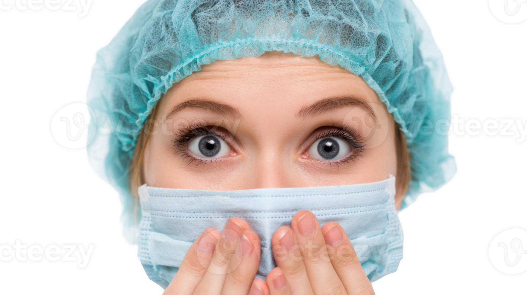 Doctor wearing surgical mask and cap making nervous expression on transparent background png
