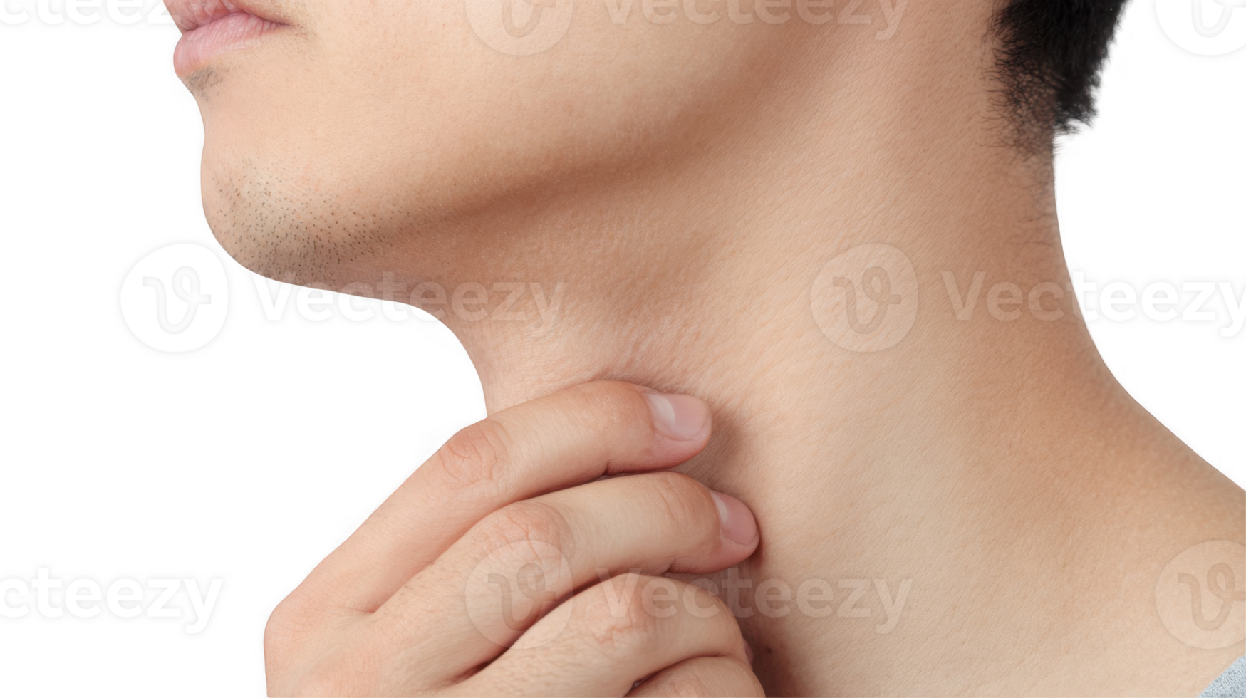 Man touching swollen lymph nodes in neck on transparent background png